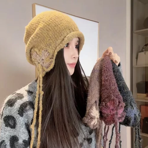 新款花朵遮耳朵复古手工流苏针织帽女秋冬保暖时尚百搭慵懒毛线帽
