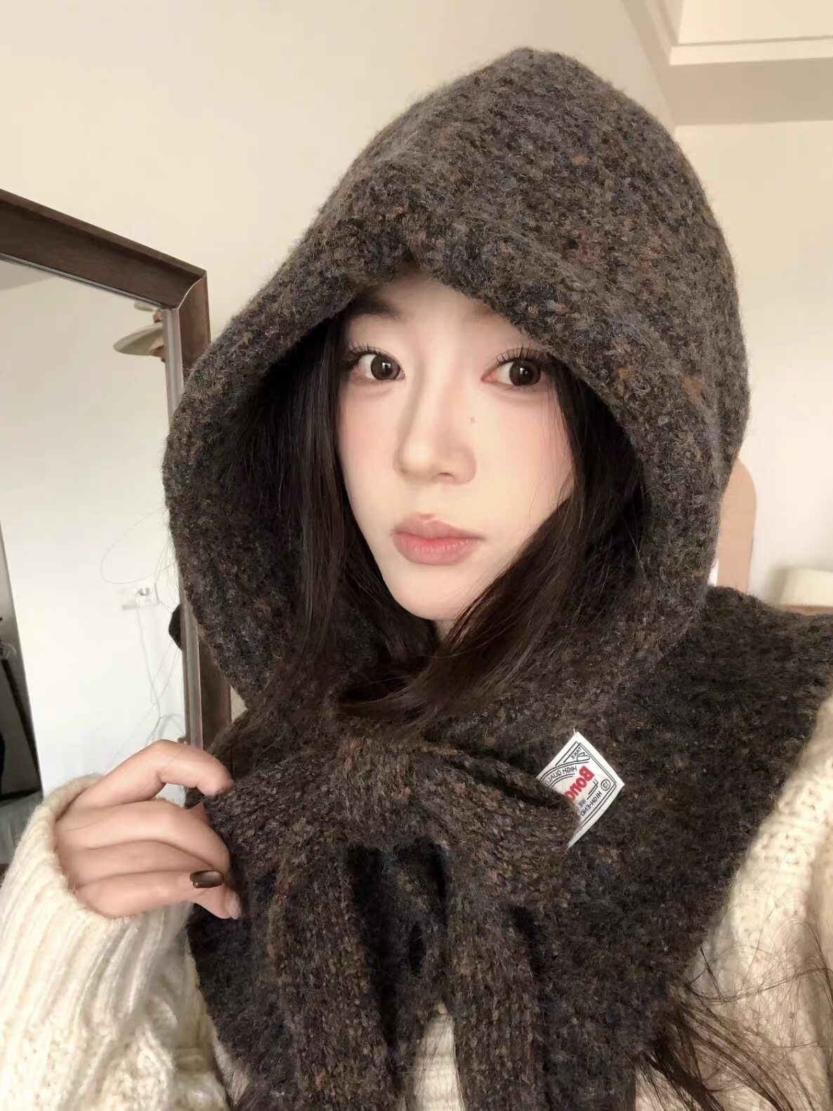 巴拉克拉法帽女士冬大头围骑车防寒帽子围脖一体毛线帽保暖护耳帽