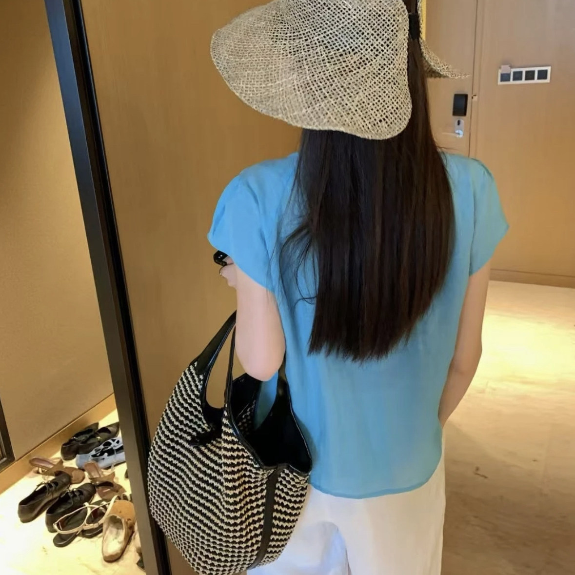 夏天镂空透气手工编织咸草草编空顶帽女度假大帽檐可折叠遮阳草帽