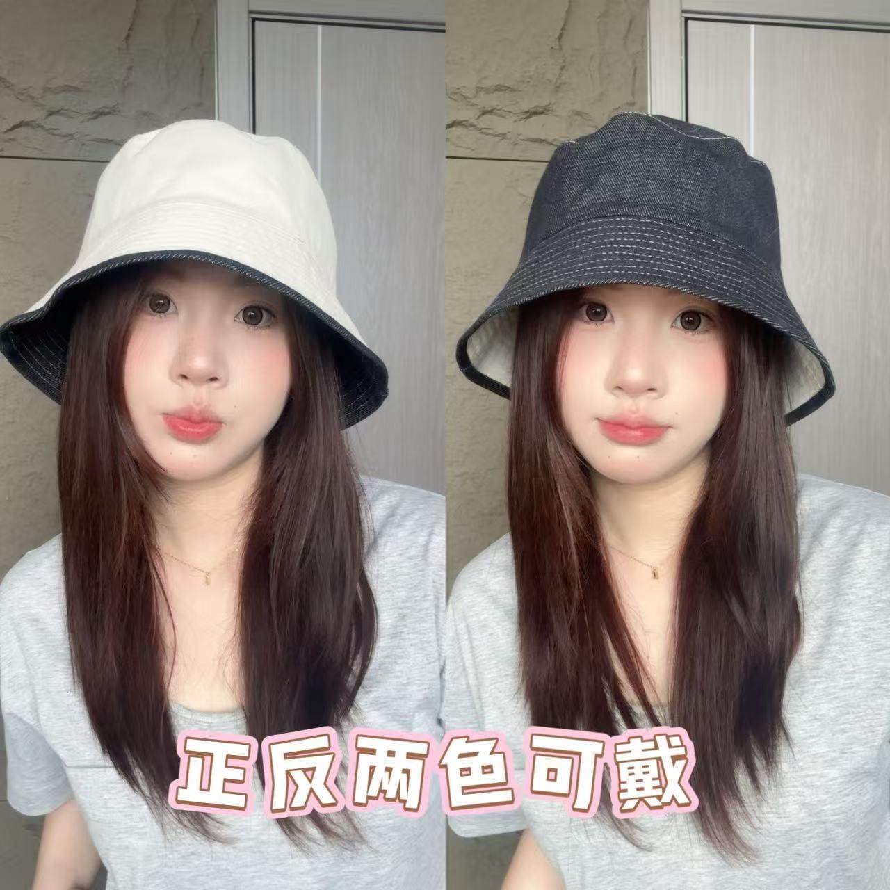 显脸小渔夫帽子女2025遮阳百搭牛仔蓝防晒新款盆帽潮大檐可折叠