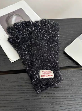 韩版仿兔绒蓝色毛绒手套女2024年冬季分指可触屏加厚保暖防寒骑行