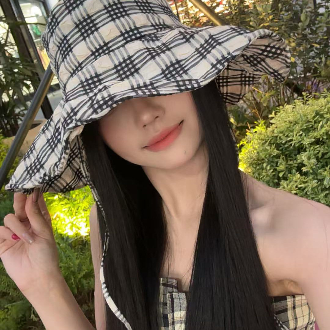 大檐格子渔夫帽女防晒防紫外线韩版遮阳帽荷叶边小清新系带防风帽