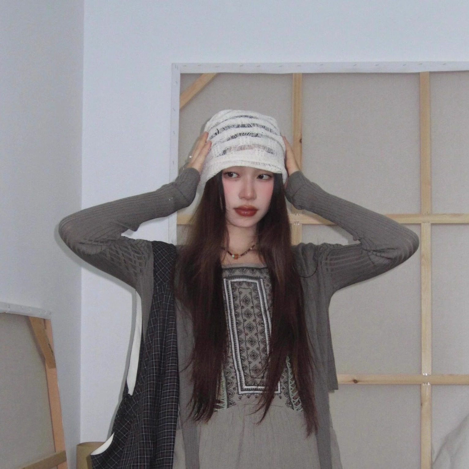 日系针织镂空堆堆帽子女夏季薄款棉麻透气冷帽大头围显脸小包头帽