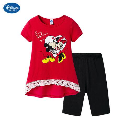 Disney迪士尼纯棉短袖卡通米妮家居服套装女夏季透气可外穿舒适嫩