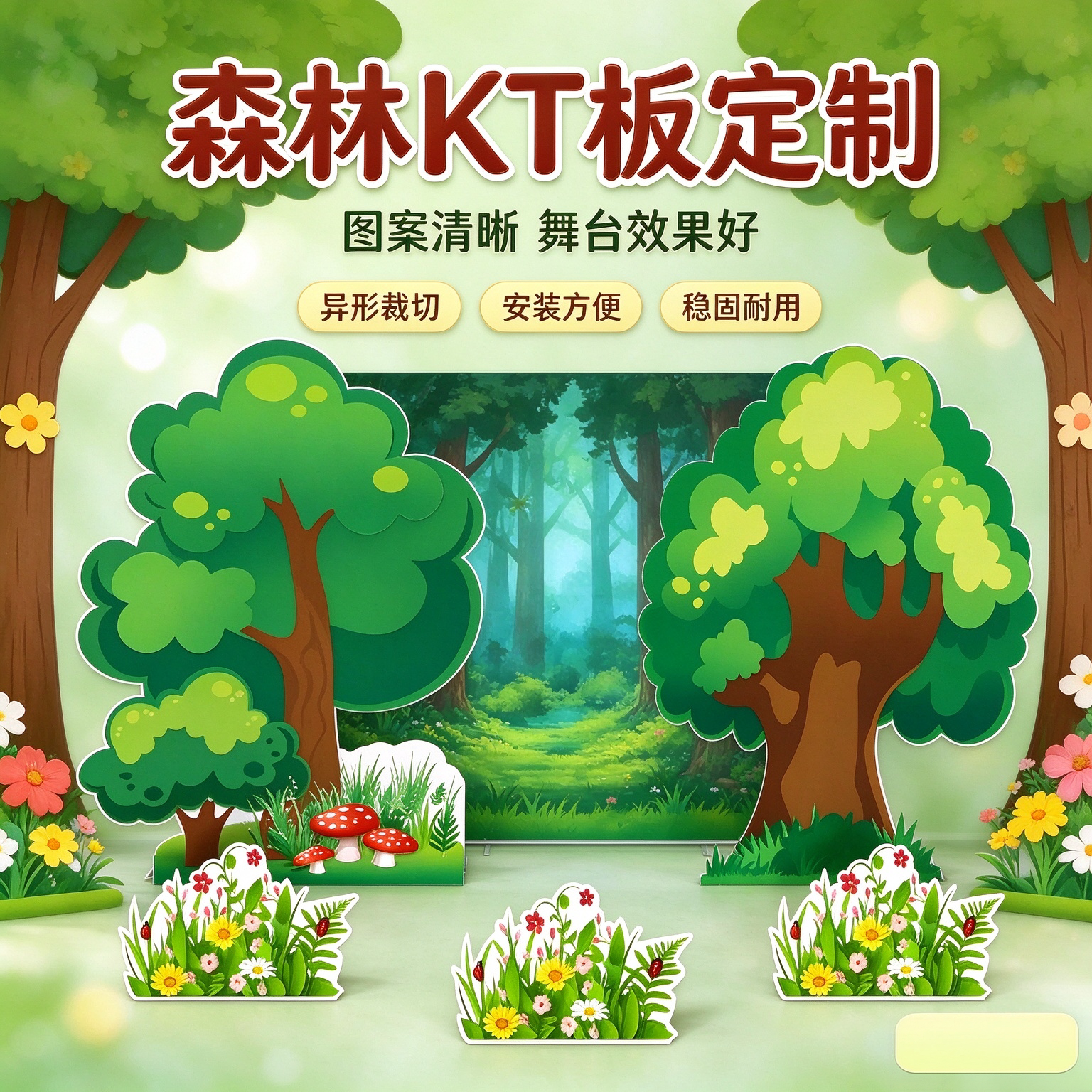 定制幼儿园KT板花丛草丛房子森林树假山儿童剧舞台表演布景道具