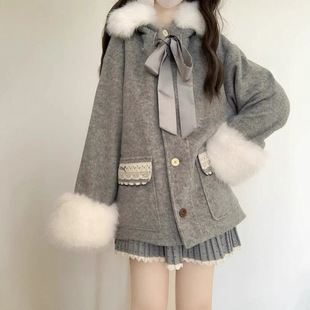 韩系甜美灰色毛领呢子大衣女2025秋冬新款小个子洋气百搭外套潮