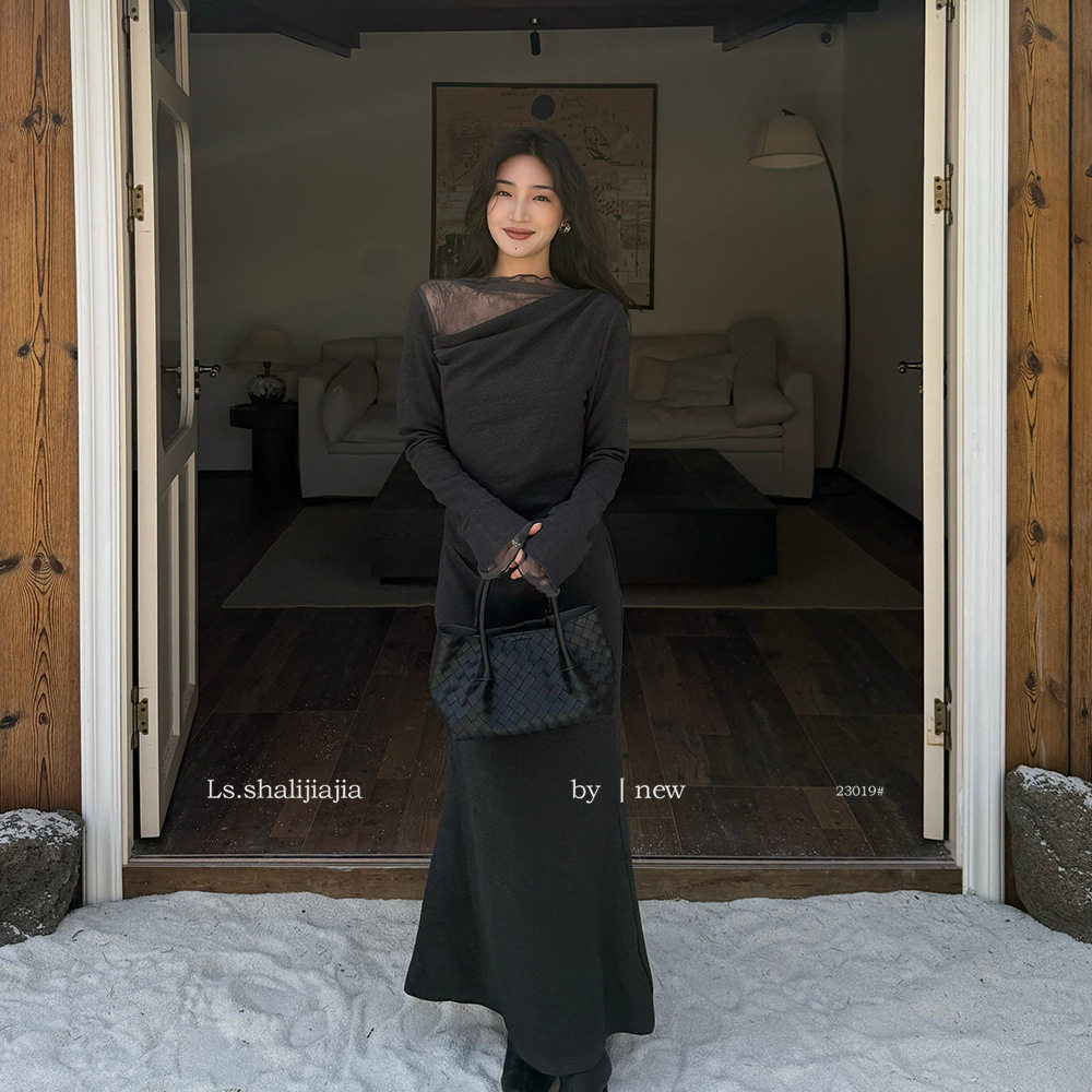 LS述致 蕾丝宴会长款小黑裙女2025高级感秋冬新款连衣裙女装23019