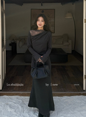 LS述致 蕾丝宴会长款小黑裙女2025高级感秋冬新款连衣裙女装23019