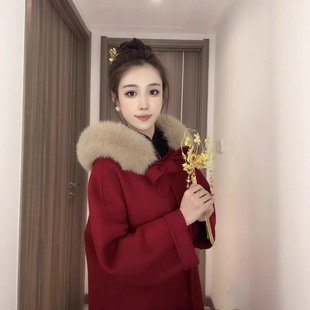 【】春秋冬新毛领领双面羊毛大衣长款轻奢休闲腰带毛呢外