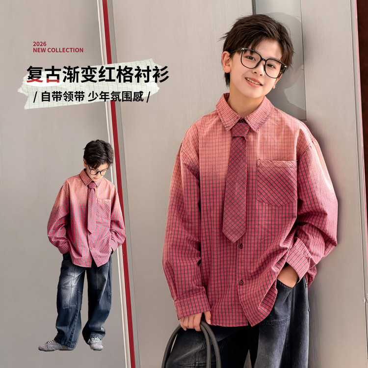 男童渐变红格衬衫秋季新款中大童复古格子衬衣男孩带领带休闲上衣图片