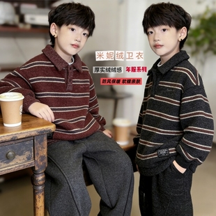 男童加绒卫衣冬装米妮绒条纹polo领上衣儿童奥粒绒保暖年服拜年服