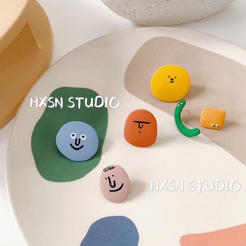 s925趣味笑脸糖果色耳钉烤漆不对称搞怪人脸表情耳环卡通滴油耳夹