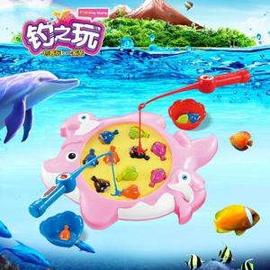儿童钓鱼玩具海豚小猫电动磁性旋转钓鱼套装 1-2-3岁宝宝益智玩具