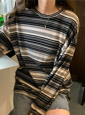 2026 women clothes条纹圆领长袖T恤女装秋季新款设计感宽松学生