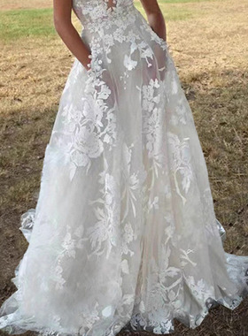 2026 women clothes年欧美女装蓬蓬裙蕾丝新娘婚纱礼服性感白色吊