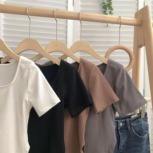 2026 women clothes弧度下摆U领短袖女夏季T恤新款纯色修身百搭锁