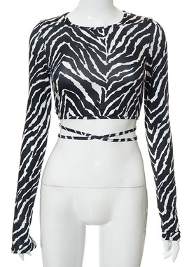 2026 women clothes欧美女装  国际站  露脐系带黑白纹印花露背上