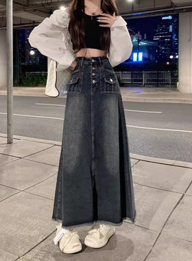 women clothes蓝色港风高腰毛边牛仔裙秋季女复古半身裙A字裙设计