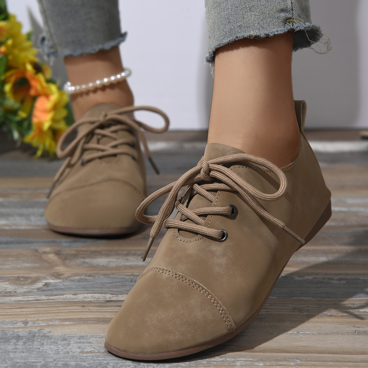2026 shoes women直销欧美女士浅口四季平底大码单鞋柔软皮革系带