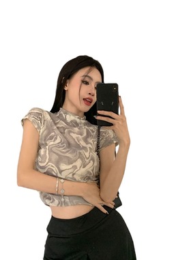 2026 women clothes辣妹晕染短款上衣夏季新款女装设计感气质修身