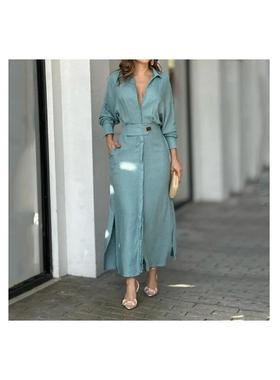 women clothes欧美女装跨境蓝色连衣裙气质优雅春夏通勤长袖连衣
