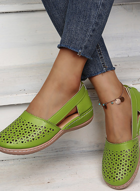 2026 shoes women外贸新款 wish时尚凉鞋女包头镂空40-43大码坡跟