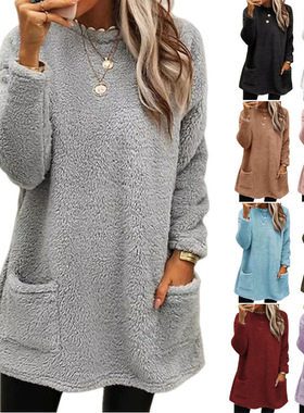 women clothes欧美TEMU跨境新款女装 长袖口袋毛绒卫衣T恤上衣