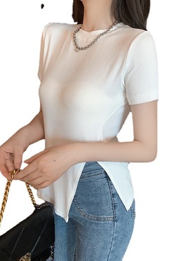 2026 women clothes夏装新款网红ins超火修身百搭侧开叉黑色短袖t