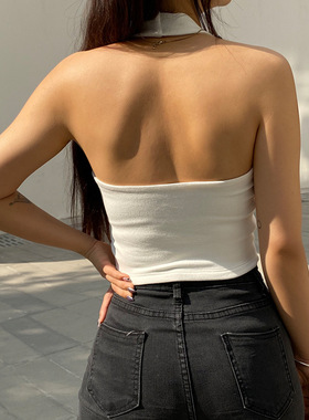 2026 women clothes性感辣妹挂脖露背小吊带女修身短款露脐纯色螺