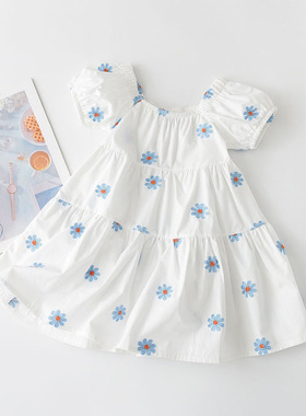 women clothes女童连衣裙日韩新款夏季白色小雏菊印花裙中小童灯