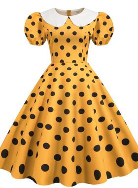 2026 women clothesL跨境货源娃娃领泡泡袖修身拼接波点大摆连衣