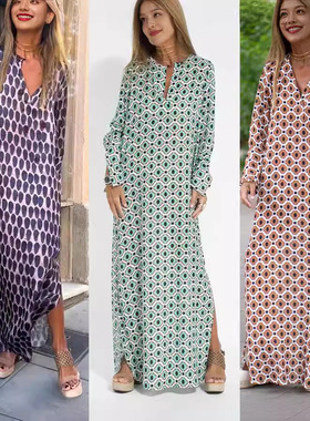 women clothesGY24078时尚V领印花长袖连衣裙欧美跨境热线新品