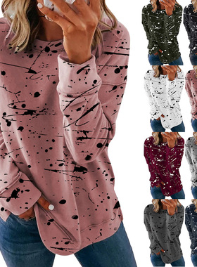 women clothes春秋新款欧美T恤女ebay涂鸦印花宽松百搭上衣长袖T