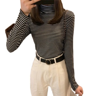 2026 women clothes春秋新款半高领条纹打底衫女修身内搭学生长袖