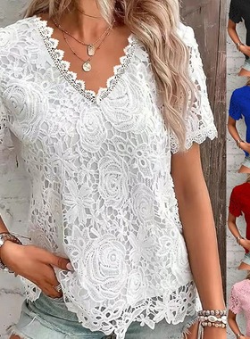 women clothes年新款欧美女装时尚上衣T恤蕾丝短袖女