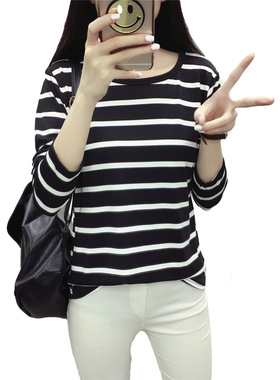 2026 women clothes秋季新款条纹长袖女装T恤宽松大码学生打底衫