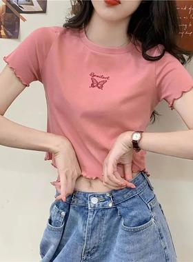 2026 women clothes新款夏季高腰露脐短款t恤女修身显瘦百搭蝴蝶