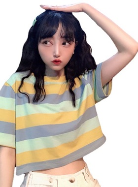 2026 women clothes跨境外贸夏季新款韩版宽松彩虹条纹短袖T恤女