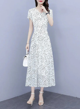 2026 women clothes白色印花雪纺连衣裙女夏装新款修身显瘦大码遮