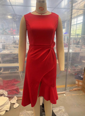 2026 women clothes欧美女装    无袖 红色 气质 礼服 连衣裙 圆