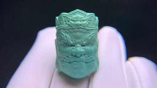 湖北十堰矿区天然原矿高瓷绿松石立体雕刻吊坠挂件手把件财宝天王