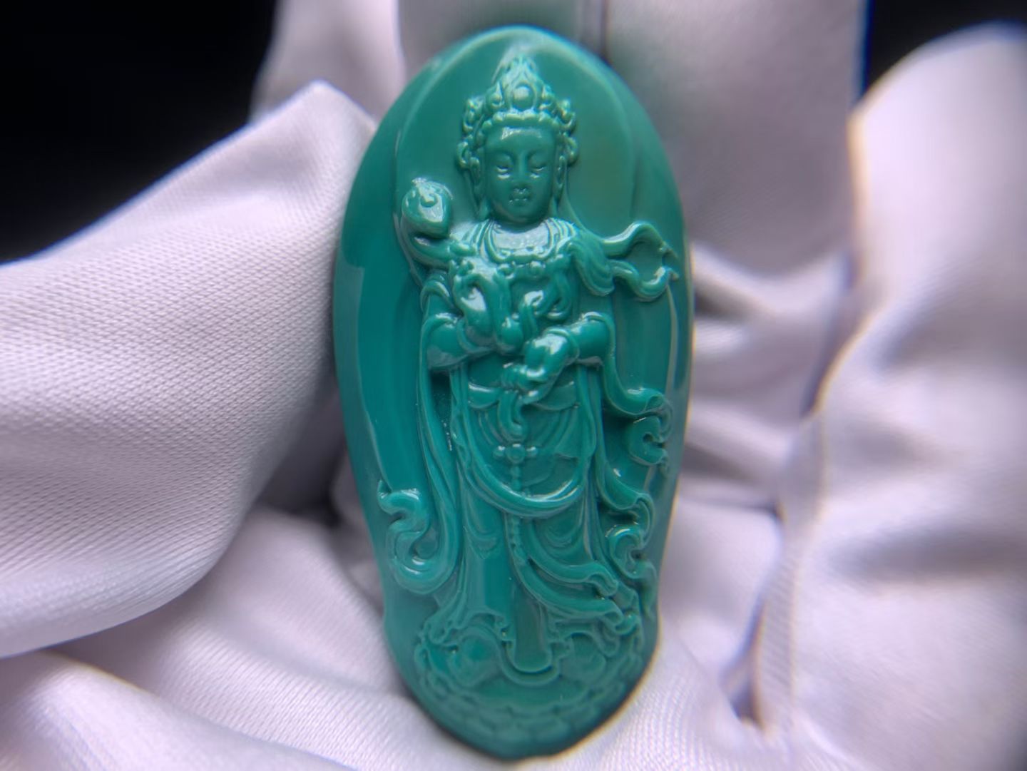 湖北十堰矿区天然原矿高瓷绿松石精工全身观音普贤菩萨吊坠挂件