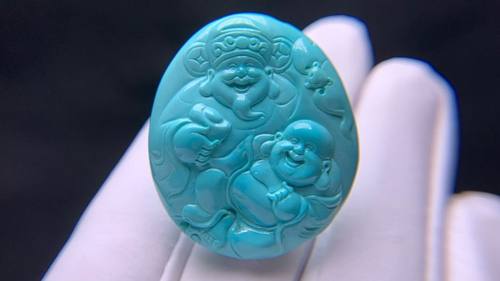 湖北十堰矿区天然原矿高瓷绿松石精工雕刻财富一生吊坠挂件弥勒佛