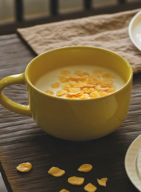 三拾家 黄色燕麦杯牛奶早餐杯大容量 家用微波炉可加热汤杯带盖勺