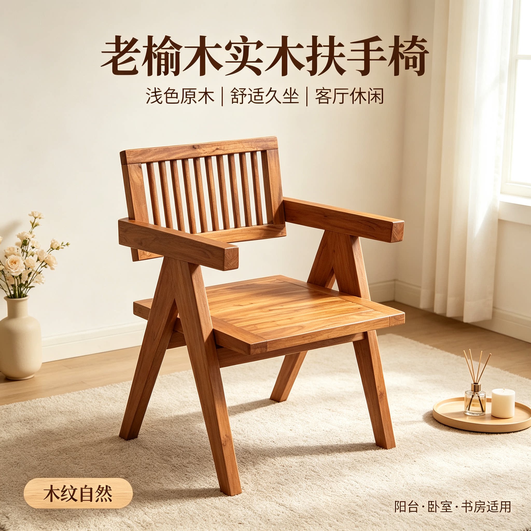 老榆木侘寂风新中式靠背餐椅
