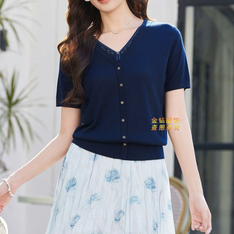 丰麦2026夏季新女装V领短袖莱赛尔纤维天丝针织衫上衣大码妈妈装