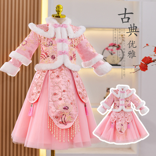 新年衣服2025新款 女童汉服秋冬装 加绒公主连衣裙子套装 冬季 儿童装