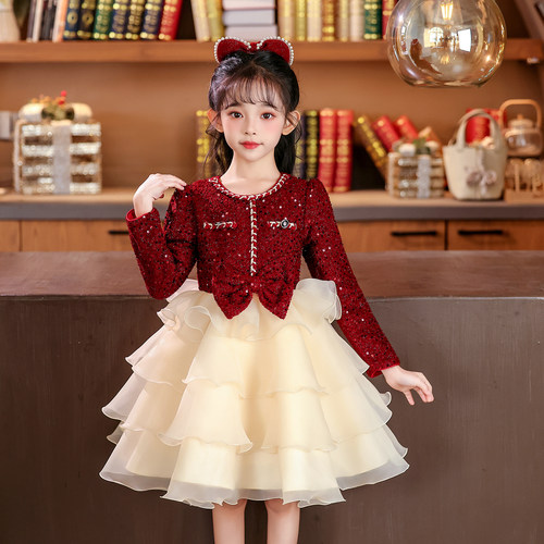 女童公主裙礼服儿童装洋气连衣裙子2025新款秋冬装加绒蓬蓬新年装