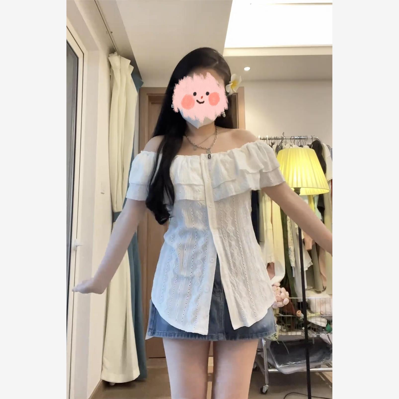 大码一字肩短袖衬衫女2025新款夏季胖MM收腰显瘦甜辣风上衣设计感