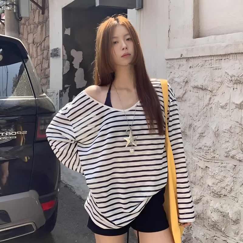大码女装韩系气质条纹罩衫针织上衣夏季薄款胖mm宽松遮肉显瘦t恤